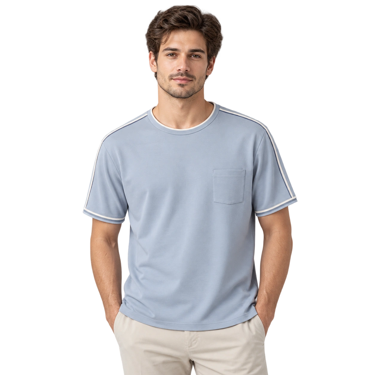 Crew Neck T-Shirt with Pocket - Light Blue